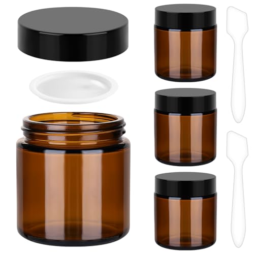 Accmor 4 oz Amber Glass Jars with Black Lids, 4 Pack Empty Glass Jars Makeup Sample Container with Inner Liners, Leakproof Round Airtight Cosmetic Travel Containers for Lotions, Creams, Candle Making - color: Amber, size: 4 Ounce