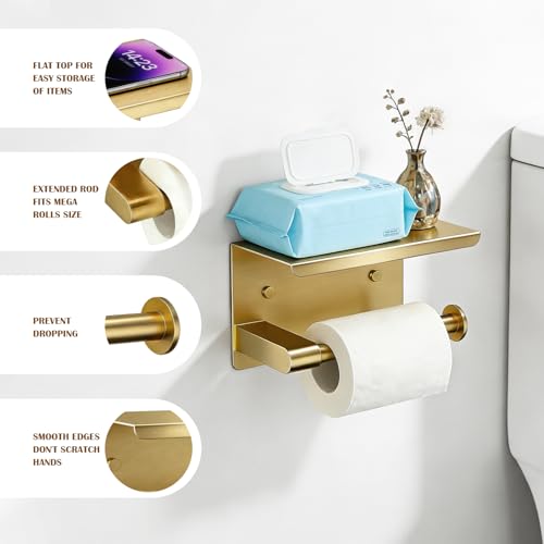 Toilet Paper Holder with Shelf, Adhesive or Screw Wall Mount Toilet Tissue Roll Holder for Bathroom