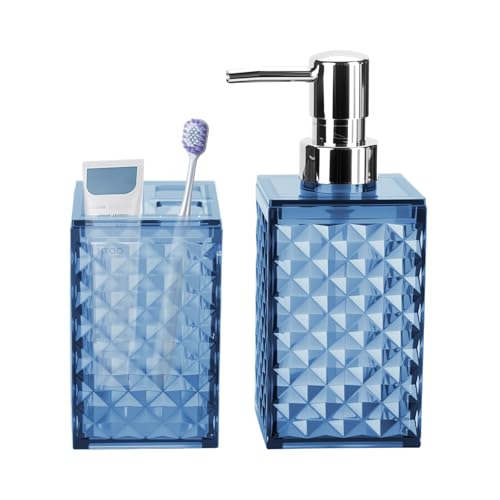 Blue Bathroom Accessories Set 2 PCS, Navy Blue Bathroom Accessories Include Soap Dispenser and Toothbrush Holder, Diamond Pattern Bathroom Set for Boho Bathroom Decor - color: Blue