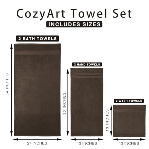COZYART Brown Bath Towel Set, Cotton Hotel Large Towel Bulk for Bathroom, Thick Bathroom Sets of 6 with 2 Bath Towels, 2 Hand Towels, 2 Washcloths, 650 GSM - color: Brown, size: 6 Piece Towel Set