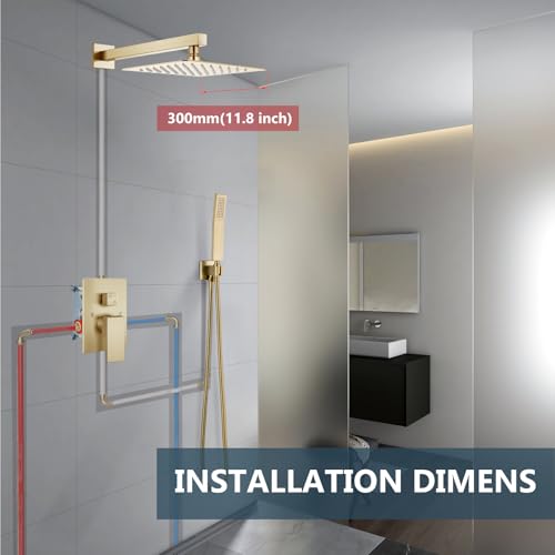 Aolemi Shower Faucet Set Rain Shower System with Handheld Spray Bathroom Shower Combo Rough-in Valve and Shower Trim Kit Included Brushed Gold 12 Inch Wall Mount Shower Head - color: Brushed Gold, size: 12 Inch Wall Mount Shower Head
