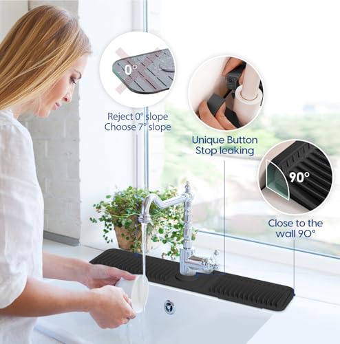 24 Inch Silicone Faucet Mat for Kitchen Sink Splash Guard - 7° Slope Upgraded Water Draining Mat with Fasten Button for Bathroom Area (Black, 24''x5.5'') - color: Black, size: 24''x5.5''
