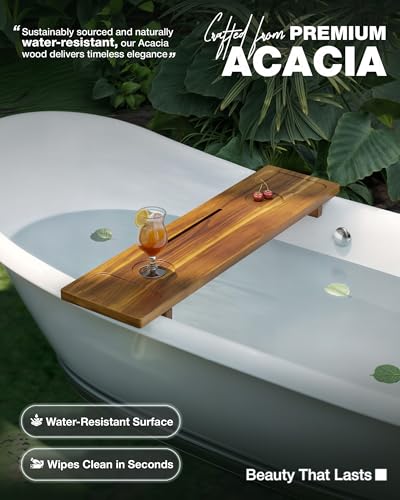 Bathtub Tray, Acacia Bath Tray for Tub, 34.6''x9'' Wooden Bathtub Caddy Tray with Adjustable Legs Fit Various Bathtubs, Anti-Tipping, Sustainable Bath Table with Wine Glass and Tablet Holder - color: Acacia