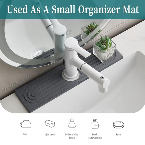 Stone Faucet Mat for Kitchen Sink, Diatomite Drying Stone Mat Sink Protector, Sink Splash Guard Fit Kitchen Bathroom Counter 15.7 Inch Dark Grey Kitchen Decor Home Accessories