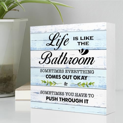 BlueL Life is Like The Bathroom Wooden Box Sign Desk Decor,Funny Bathroom Wood Block Sign for Farmhouse Toilet Shelf Decor - color: Blue Rustic Wood