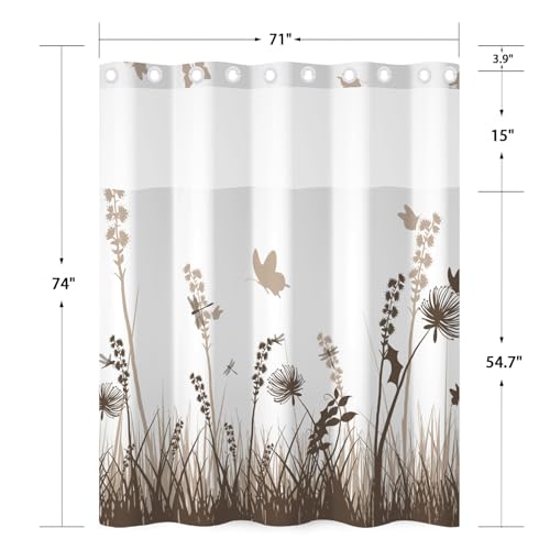 No Hook Shower Curtain with Snap in Liner Set, Neutral Meadow & Wildflower with Butterflies Print Shower Curtains for Modern Farmhouse Bathroom, Floral Bath Curtain with Mesh Top, 71x74 Inch - color: Brown Botanical