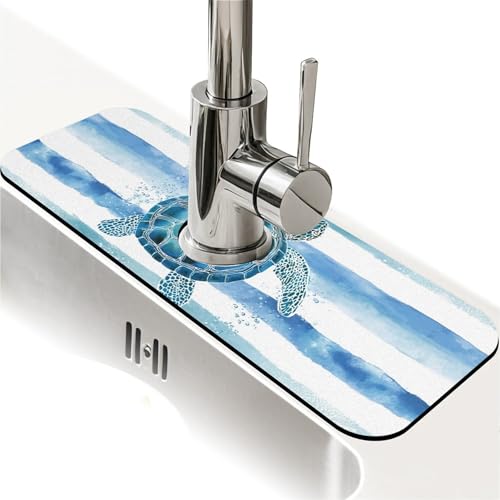 Kitchen Sink Splash Guard，Watercolor blue white turtle Faucet Mat Sink Gadgets-Super Absorbent Fast Drying Mat Drip Catcher for Kitchen, Bathroom,Sink Mat, Dish Drying Mat, Bathroom(15" X 5.5" )