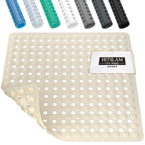 HITSLAM Shower Mat Anti Slip, Square Bath Mat for Tub Non Slip with Suction Cups and Drain Holes, 21x21 Inch Bathroom Shower Stall Floor Mat, Machine Washable, Soft on Feet, Sand - color: Sand, size: 21" x 21" (Square)
