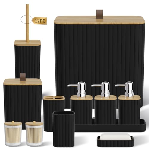 Bathroom Accessory Set - Black Bathroom Set, 12PC Bathroom Accessories Set, Black Bathroom Accessories Set, Mini Trash Can, Toilet Brush, Trash Can & Soap Dispenser - size: Bathroom Set, style: Black