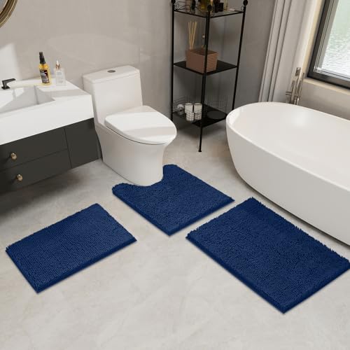 LINLA 3 Pieces Bathroom Rug Set, Absorbent Non Slip Chenille Bath mat, Thick Plush Chenille Carpet Mats Set,Washable Dry Quickly with U-Shaped Toilet Mat for Tub, Shower（Navy Blue） - color: Navy Blue