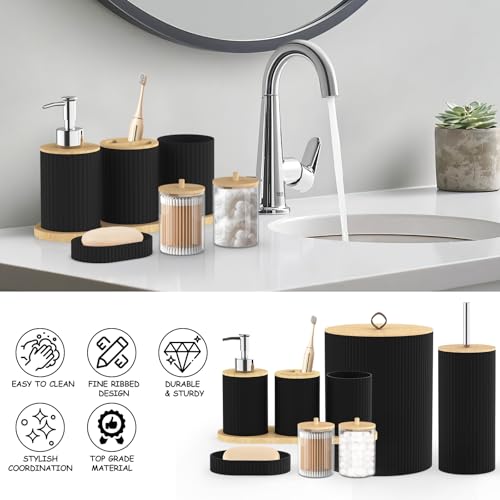 Bathroom Accessories Set 22 Pcs, Complete Bathroom Decor Set with Shower Curtain, Hooks, Waste Bin, Soap Dispenser, Toothbrush Holder, Black Bathroom Accessory Kit for Home Decor