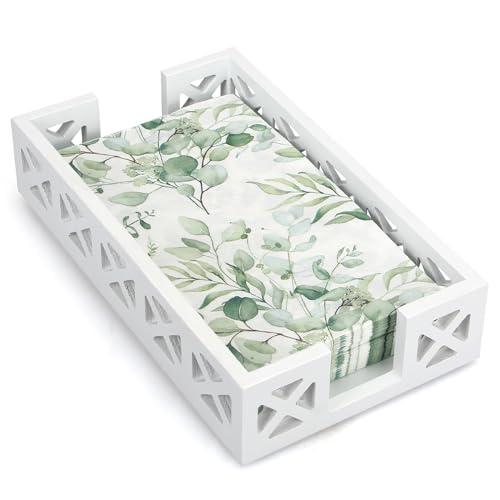 Guest Towel Holder Tray for Bathroom Napkin Holder Modern Disposable Hand Towel Holder Basket White Wooden Napkins Holder for Table Paper Rustic Bathroom Towel Tray Flat Wood Dinner Napkin Holder - color: White