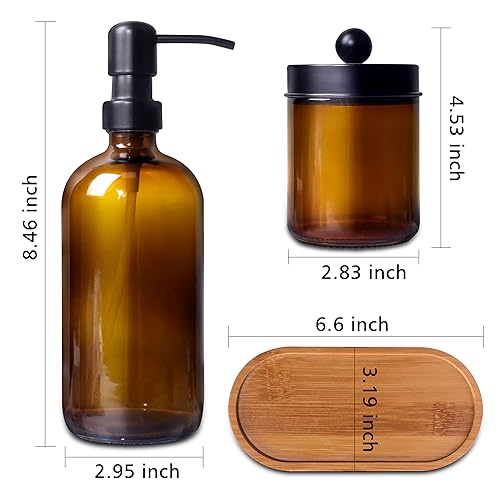 Bathroom Accessory Set 5 Pcs, 2 Pcs 16oz Amber Glass Soap Dispensers with Stainless Steel Pumps, 2 Pcs Qtip Holder Dispensers with Waterproof Labels & Bamboo Tray