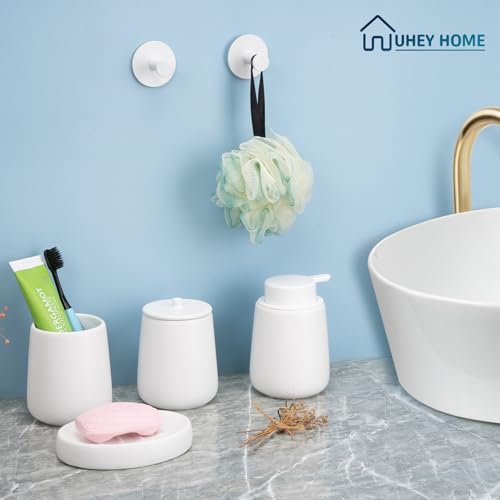 Ceramic Bathroom Accessories Set 6 Pcs, White Bathroom Accessory Set Includes Liquid Soap Dispenser with Rust-Proof Plastic Pump, Bathroom Cup, Qtip Holder, Soap Dish, 2Pcs Adhesive Hooks for Home - size: 6pcs-Liquid (can't Foam)