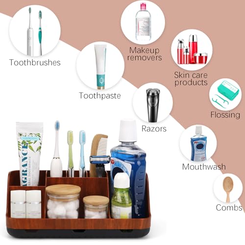 GFWARE Bathroom Decor and Accessories - Detachable 7 Slots Kids Electric Toothbrush and Toothpaste Holde for Bathroom Tray Countertop Vanity Storage, Bathroom Sink Storage Organizer, Red Wood - color: Red Wood