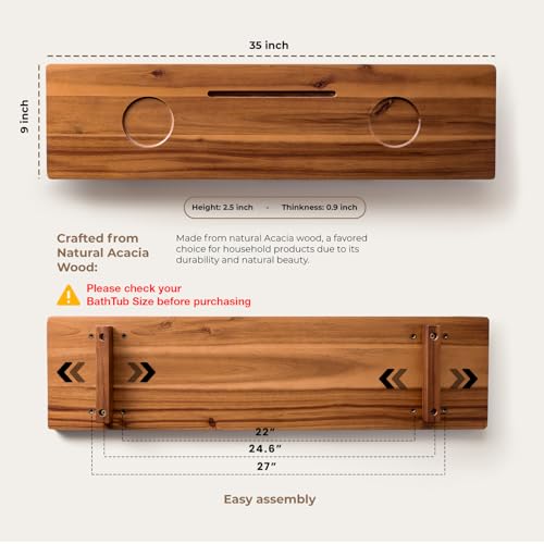 Tinamo Acacia Bathtub Caddy Tray Table | 35x9 Inch Large Bath Tub Wooden | Anti-Tipping, Sustainable Tub Tray for Bath tub | Bath-tub Accessories Holders for Bath-tub (Acacia, 35" x 9" x 2.5") | Acacia Wood, 35" x 9" x 2.5", Custom Legs, Phone/Tablet & Dr