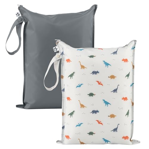 Tiny Twinkle Mess Proof Wet Bags | 2-Pack Reusable Waterproof Wet Bags for Swimsuits | Baby Clothes | Travel & Diaper Bag (Dinosaur) - color: Dinosaur,Grey, size: 2 Pack