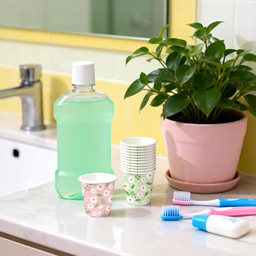 WRAPAHOLIC 3oz Paper Cups - 100 Pack Disposable Bathroom Cups with Daisy Floral and Leaf Design, Small Mouthwash Cup for Toothbrush Rinse, Home Bathroom, Picnic, BBQ, Travel and Tea Party - color: Colorful Daisy