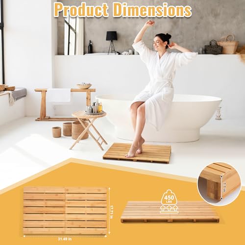 Foldable Bamboo Bath Mat for Shower, 31.49" x 17.71" in Non-Slip Wood Bathroom Rug, Quick-Dry Waterproof Carpet for Indoor Outdoor Use by Sink, Tub, Pool - size: 31.5" x 17.7" (Rectangular)