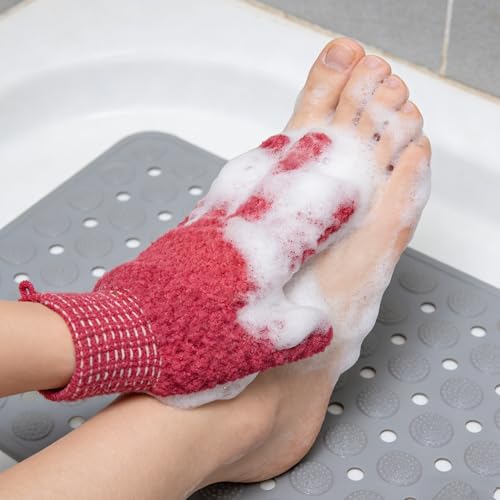 Exfoliating Bath Gloves 2 Pairs - Heavy Texture Body Scrub Gloves for Shower, Spa, Massage and Body Scrubs, Dead Skin Remover, Washing Gloves with Hanging Loop(Dark Pink) - color: Pink1