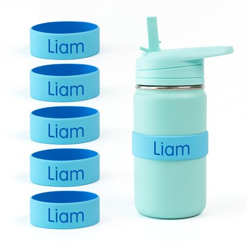 Mabel’s Labels Personalized Two-Tone Engraved Silicone Name Bands – Reusable Dishwasher-Safe Name Bands for Water Bottles, Sippy Cups & Drinkware (Blue & Light Blue, 5 Pack) - color: Blue, size: 5 Count (Pack of 1)