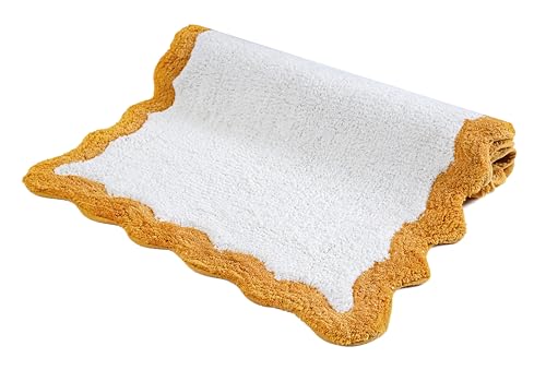 Cotton Scalloped Bathmat with Antiskid 20"x32" Mustard – 100% Cotton Scalloped Bath Mat, Anti Skid, Soft & Absorbent Bathroom Rug for Shower, Tub & Entryway - color: Mustard, size: 1'8" x 2'8" (Rectangular)