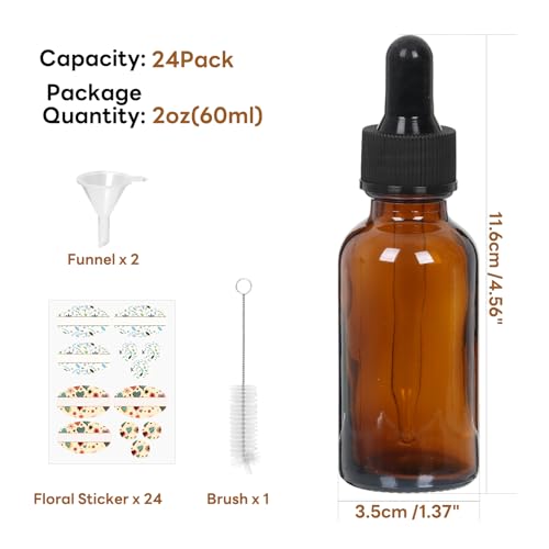 STARSIDE 24-Pack 2oz Amber Glass Dropper Bottles for Essential Oils | 60ml Glass Bottles with Glass Droppers for Lab Chemicals, Perfumes, Sample. Includes 1 Brush, 2 Funnels and 24 Labels - color: 2oz-Amber-24pcs
