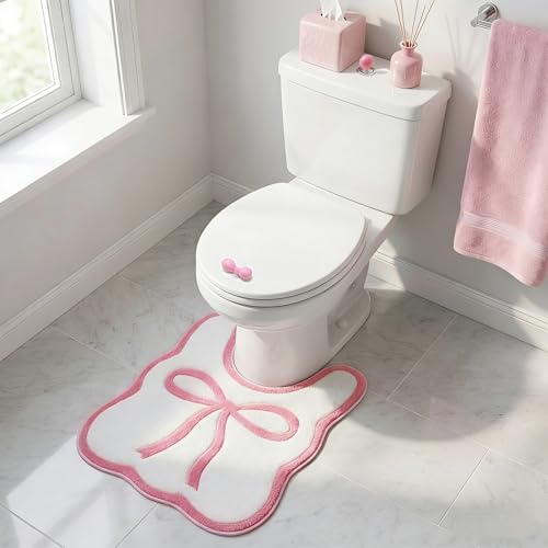 Bow Toilet Rug with Lid Lifter & Button; U-Shaped, Luxury, Scalloped Bathroom Mat; Non-Slip, Cute, Microfiber Soft Rugs Set — Pink Pastel Coquette Decor for Toilet Base (Pink, 24 x 20 Inches)
