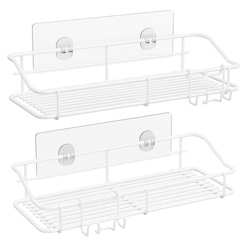 Nieifi Shower Caddy Shelf with Hooks Storage Rack Organizer Adhesive Stainless Steel Without Drilling for Bathroom, Lavatory, Washroom, Restroom, Shower, Toilet, Kitchen - 2 Pack (White) - color: White, size: 2 Pack
