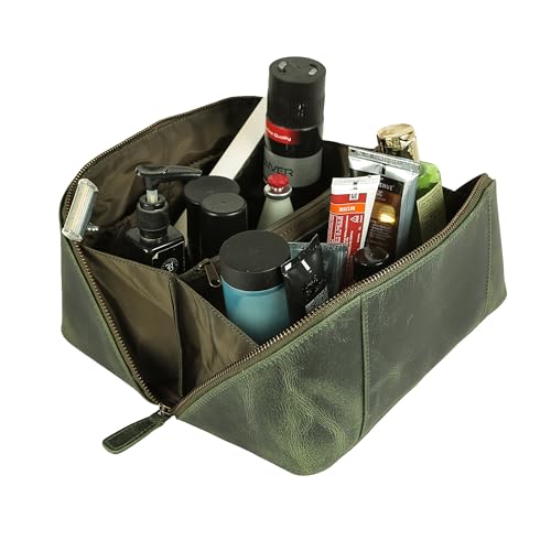 KomalC Luxury Leather Men’s Toiletry Travel Bag – Handmade Shaving Kit with Waterproof Interior, Spacious Storage & Carry Handle – leather travel Kit Bag for Men & Women (Green) - color: Green