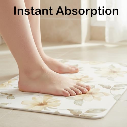 4 Pcs Diatomaceous Earth Stone Bath Mat Set, Non-Slip Super Absorbent Shower Mat (24"x16") with Stone Soap Dish & 2 Coasters, for Bathroom Floor, Vanity Counter & Kitchen Counter, Beige