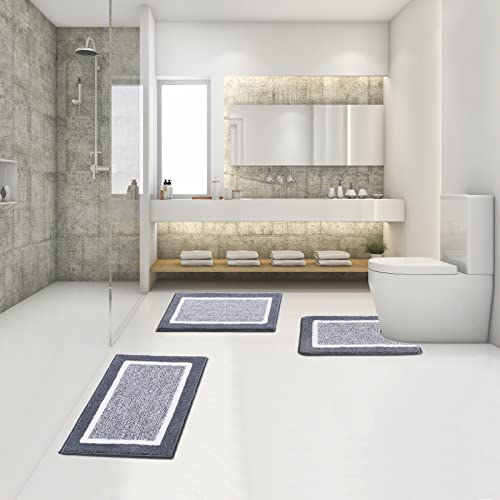 Bathroom Rugs Sets 3 Piece with U-Shaped Contour Toilet Mat Shower Rugs Absorbent Microfiber Plush Bath Mats Non Slip Bath Rugs Shaggy Floor Mats Machine Washable - color: Dark Grey