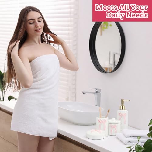 Zhehao 4 Pcs Ceramic Pink Bow Bathroom Set Bathroom Accessories Soap Dispenser Tumbler Toothbrush Holder Vanity Soap Tray Cotton Swab Jars Refillable Decor Gift for Her(White with Pink Bow)
