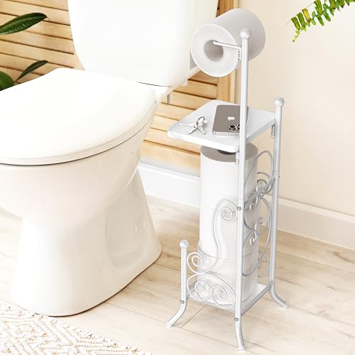 Simple Houseware English Style Bathroom Toilet Tissue Roll Holder Stand with Shelf, Marbled White - color: White, size: Wood Shelf - 29.2''H