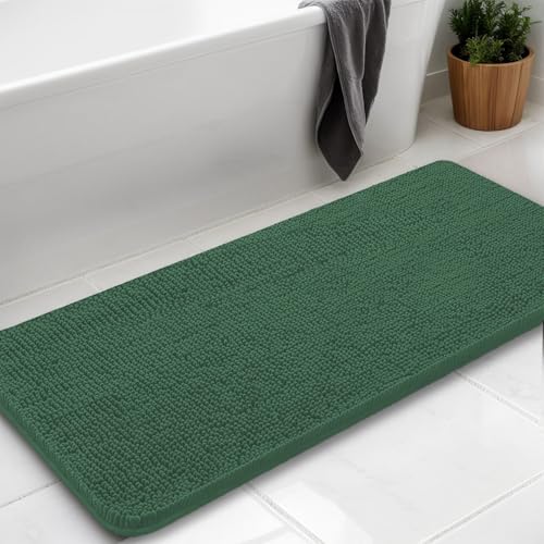 Chenille Bath Rug Runner, Ultra Soft Absorbent Bathroom Mat, Non-Slip PVC Backing, Machine Washable, 47x17, Dark Green - color: Dark Green, size: 1'5" x 3'11" (47"x17")
