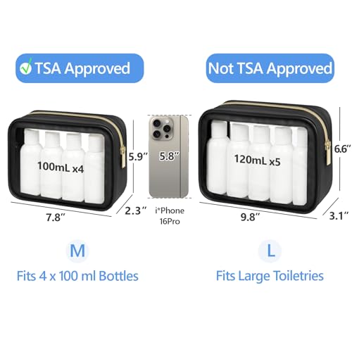 PACKISM Clear Makeup Bag Foldable - TSA Approved Toiletry Bag for Travel | Metal Zipper, Reinforced Seam, Water Resistant, Medium for Carry-on, Large for Checked Luggage, for Car Storage Organizer - color: 2 Pack Black, size: Hybrid Traveler (1 Large & 1