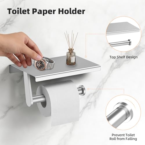 Brushed Nickel 5-Piece Bathroom Hardware Set, 23.6 Inch Towel Bar Set SUS304 Stainless Steel Towel Racks Round Towel Bar, Towel Ring, Toilet Paper Holder, 2 Robe Hooks, Wall Mounted - color: Brushed Nickel
