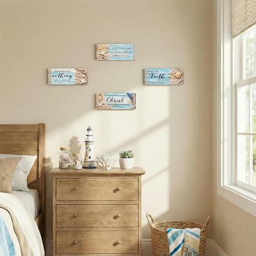 4Pcs Coastal Wooden Wall Decor for Bathroom Bedroom Summer Beach Christian Wall Art Room Decor Starfish Seashells Wooden Signs Teal Ocean Religious Decor with Bible Verses Nautical Home Decoration - style: Coastal