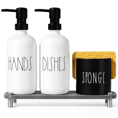 Kitchen Soap Dispenser Set,16.9 fl oz Hand and Dish Soap Dispensers with Tray, Kitchen Soap Dispenser Set with Sponge Holder, Instant Dry Tray,Kitchen Decor(White&Black) - color: White Bottle+black Pump