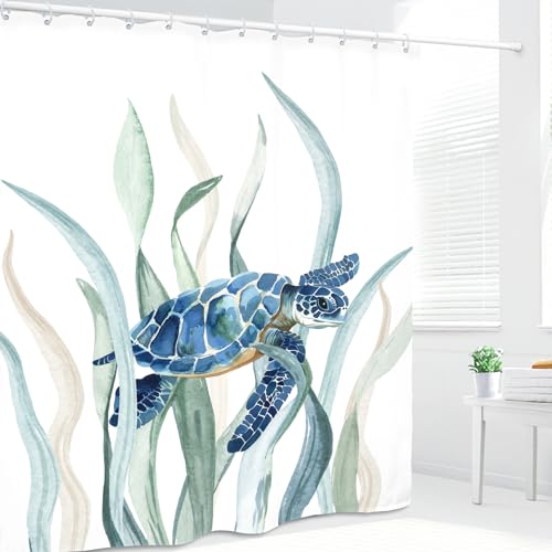 Turtle Seaweed Shower Curtain 60Wx72L Inch Sea Ocean Underwater Undersea Blue Green Watercolor Bathroom Set Accessories Decor with 12 Pack Hooks - color: Blue Green, size: 60"W x 72"L (Pack of 1)
