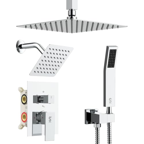 Shower Faucet Set Shower System - SR SUN RISE Polished Chrome Shower Trim Kit with Dual Shower Head, 10'' Ceiling Rainfall 6'' Wall Mount with Handheld Shower for Couples, Complete 6 Diverter Valve - color: Chrome, size: 10 Inch