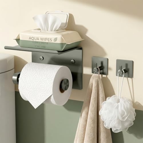 Tindbea Toilet Paper Holder with Phone Shelf + Towel Robe Hooks, Adhesive or Screw Wall Mounted Toilet Paper Roll Storage, Stainless Steel Bathroom Tissue Roll Holder (Polished Grey) - color: Polished Grey, size: Regular
