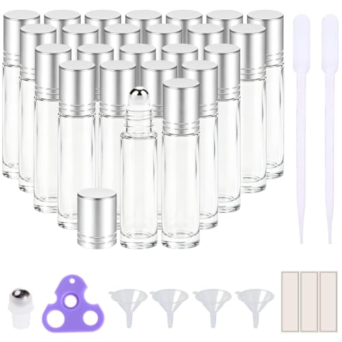 PrettyCare 24 Pack, 10 ml Essential Oil Roller Bottles with Stainless Steel Roller Ball - Refillable Leak-proof Empty Thick Clear Glass Roll on Bottles with Silver Caps for Travel, Perfume - color: Frosted with Silver Cap, size: 24 Pack