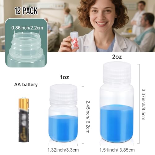 12 Pack 1oz Plastic Bottles with Lids - Wide Mouth BPA-Free Leak-Proof Sample Containers for Lab Reagents, Pills, Cosmetics, Travel Toiletries & Essential Oils Storage (Transparent, 1OZ/30ML) - size: 1OZ/30ML
