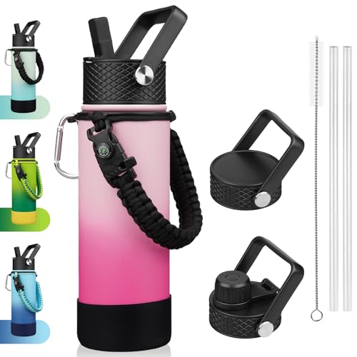 BJPKPK Insulated Water Bottle with Straw Lid, 22oz Thermal Flasks Water Bottles with 3 Lids, Paracord Handle & Non-slip Boot, BPA Free Leak Proof Stainless Steel Tumblers, Cups,Cherry - color: Cherry, size: 22 Ounces