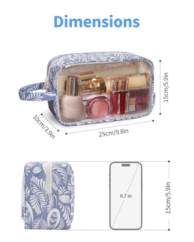 Narwey Clear Toiletry Bags for Traveling Women Men, Clear Travel Bags for Toiletries Makeup Bag Cosmetic Bag with Zipper, Make Up Organizer, Skincare Bag (Blue Leaf) - color: Blue Leaf