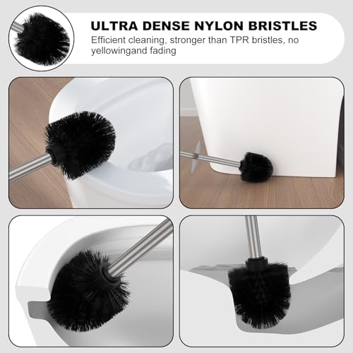 Stain Nickel Toilet Brush and Holder Set，Stainless Steel Heavy Duty Toilet Bowl Brush，Extra Long Handled Modern Toilet Cleaner Brush with Replaceable Head, Removable Inner Bowl, and Splash Protection