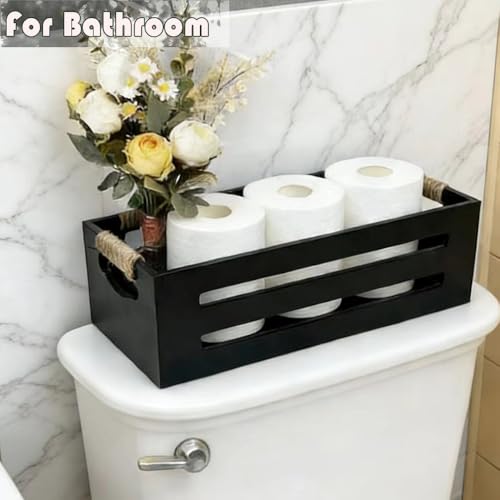 2Pack Wooden Bathroom Storage Crates with Rope Handles - Rustic Farmhouse Toilet Tank Topper Organizer Bin for Toilet Paper, Bathroom Decor, Kitchen Countertop & Home Organization (Black) - color: Black
