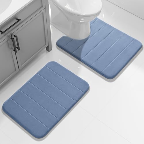 Yimobra U-Shaped Toilet Bath Mat Set 2 Piece - Soft Absorbent Quick Dry Memory Foam Bathroom Rugs, Machine Washable Non Slip Floor Carpet for Tub Shower & Single Sink (17x24 & 24x20, Denim Blue) - color: Denim Blue, size: 24x17+24x20 Inch