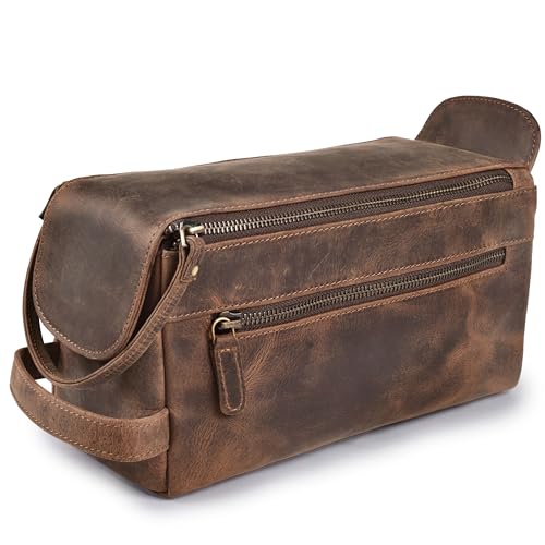 Full Grain Leather Toiletry Bag for Men & Women – Water-Resistant Travel Shaving Kit Organizer with YKK Zipper, Spacious Bathroom Grooming & Cosmetic Storage Case - Walnut Brown - color: Distressed Brown